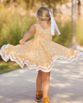 Yellow Floral Ribbed Twirl Dress for Toddlers through Girlhood