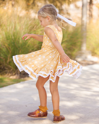 Yellow Floral Ribbed Twirl Dress for Toddlers through Girlhood