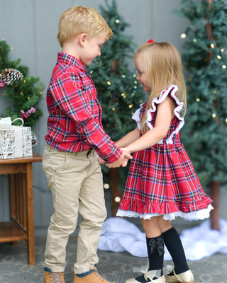 Dress Shirt | Festive Plaid in Red *PREORDER* - Eliza Cate and Co