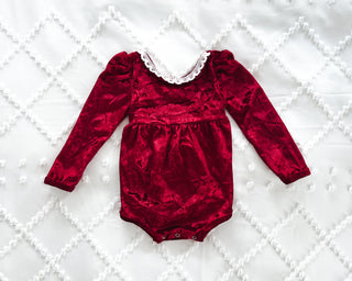 Crushed Velvet Bubble Romper | Red Currant (2021) - Eliza Cate and Co